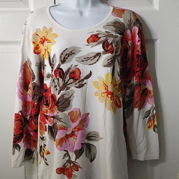 Peck & Peck Collection white floral print beaded lighter weight sweater Sz XL - Picture 2 of 4